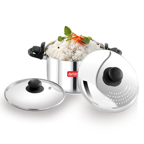 Image of AVIAS Stainless Steel Rice /Pasta Strainer Pot 3.7L with Glass Lid & Built-in Strainer | Triply Bottom | Locking Lid | for Rice, Pasta, Noodles, SOYA & Vegetables | Induction & Gas Compatible