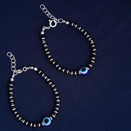 Nemichand Jewels 925 Sterling Silver Evil Eye Black Bead Crystal Nazariya Bangle/Bracelet For New Born Baby Boys and Girls