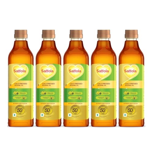 Image of Saffola Cold Pressed Sesame Oil | 100% Cold Pressed Sesame Seed Oil | Helps Lower Cholesterol, Goodness of Omega 6 & Authentic Seed Flavour | 1L Pet Bottle (Pack of 5)