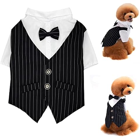 Striped Dog Tuxedo Shirt Formal Suit Bow Tie Costume Stylish Pet Wedding Shirts Dog Prince Wedding Bow Tie Shirt Gentleman Apparel Puppy Clothes for Small Dogs Boys Teddy Summer Thin Outfits Cover