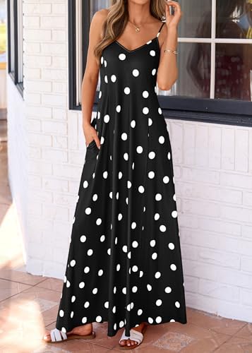 Image of KIRUNDO Womens Polka Dot Spaghetti Strap Flowy Maxi Dress | Sleeveless V Neck Boho Long Dresses, 2026 Summer Beach Vacation Cruise Outfits, A-Line Backless Sundress With Pockets