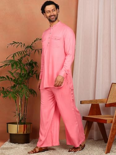 Image of See Designs Men's Full Sleeve Mandarin Collar Viscose Rayon Solid Pathani Set