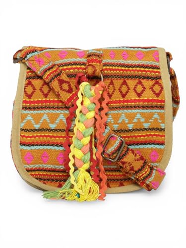 Image of The House of tara Ethnic Handloom Crossbody Sling Bag | Embellished with Tassels and Trims. Flap Closure Snap Button | Multicolour Crossbody Bag for Women | Handmade | Elegant Design