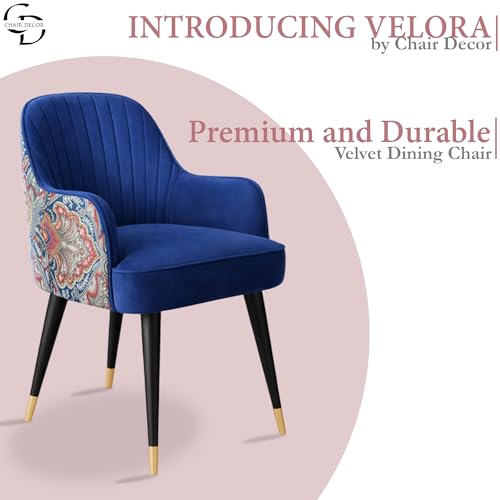 Image of Velvet Accent Chair | Modern Upholstered Dining Chair for Living Room, Office, Lounge & Vanity | Sturdy & Stylish Armchair (Floral, Blue)