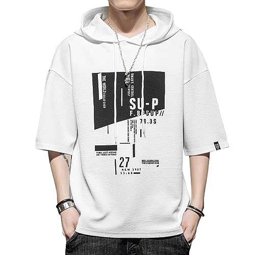 Men’s Hoodie Pullover Casual Hooded Sweatshirt Letter Print Short Sleeve T Shirts Summer Tee Top