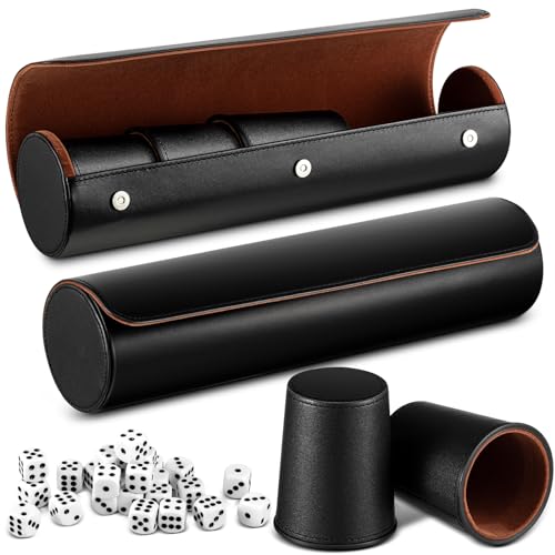 Liliful 2 Set Leather Dice Cups Include 10 Leather Game Cups 50 Dice and 2 Storage Case with Magnetic Closure Liars Game Gift for Party Craps Backgammon (Black)