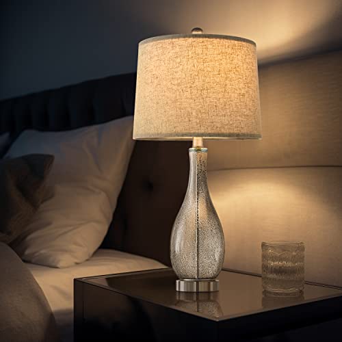 Oneach Usb Table Lamps Set Of 2 For Living Room 24.5" Modern Nightstand Lamp With Fabric Shade Glass Bedside Lamp For Bedroom Kid's Room Girls Room Office Glass Silver #TOP3