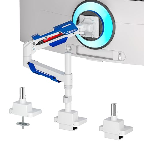 ARES WING Single Monitor Mount with USB, Ultrawide Monitor Arm for 24 to 57 Inch Heavy Duty Curved Screen, Adjustable Gas Spring Monitors Arm Stand up to 66LBS with 75/100/200 Vesa Mount, White