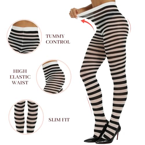 MANZI Striped Tights for Women Footed Stretchy Opaque Pantyhose for Halloween Xmas 2 Pairs2
