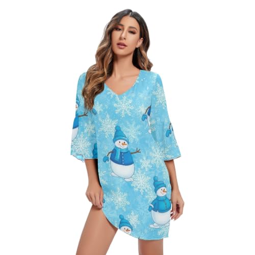 Robe d'été pour femme mousseline chic col en V bleu imprimé robe légère de plage