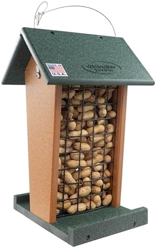 best bird feeder for blue jays that will transform your backyard experience 6 DutchCrafters Plastic Poly Hanging Whole Peanut Bird Feeder for Large Birds, Woodpeckers, Crows, Blue Jays for Outdoor, Garden, Yard - USA Amish Made (Turf Green & Cedar)
