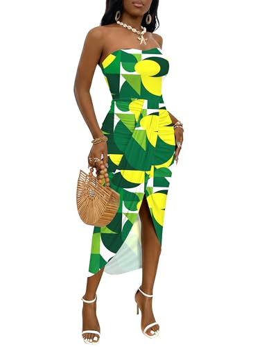 Image of Umenlele Women's Strapless Ruched High Waist Wrap Split Asymmetrical Beach Maxi Long Dress