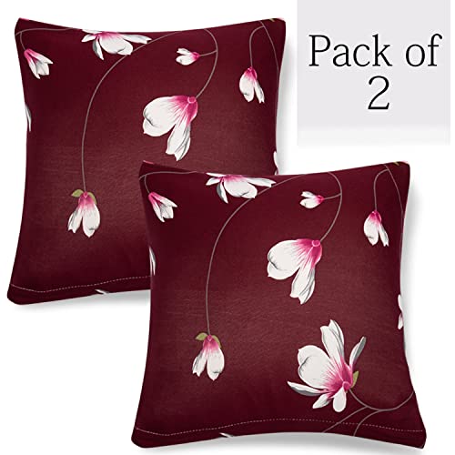 Image of HOKIPO Stretchable Cushion Cover 16x16 Pack of 2, Wine Red Flowers (AR-4098-D11*2)