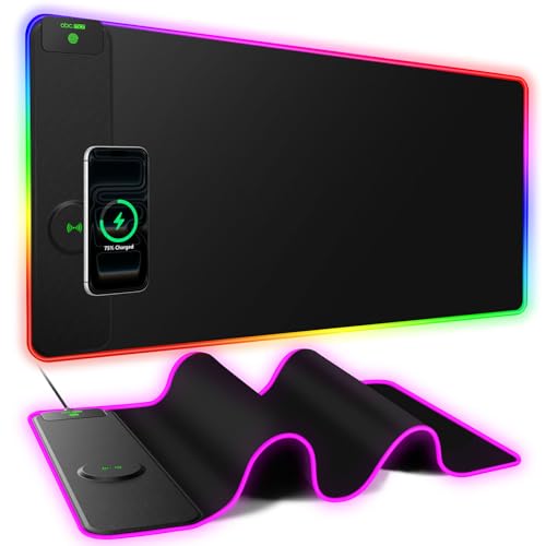 Image of RGB Gaming Mouse Pad with 15W Magnetic Wireless Charging, 31.5'' x 15.8'' | 24 Lighting Effects Desk Mat LED Mousepad with Non-Slip Rubber Base, Light up Your Desk, Waterproof Ultra-Smooth Surface