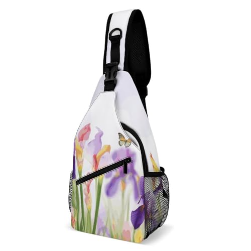 Iris Flower Butterfly Trendy Sling Bag Crossbody Sling Backpack Daypack for Outdoors Hiking Traveling