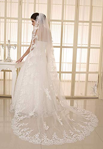 EllieHouse Women's Wedding Veils 1 Tier White Ivory 3M/4M/5M Lace Long Train Bridal Veil with Comb S114