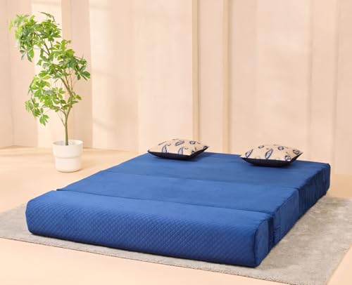 Image of uberlyfe Xtra High, Xtra Soft 3 Seater (5' x 6') Sofa Cum Bed | 1 Year Warranty | 17 inch Sofa Height | Queen Size Foldable Bed | Plush Laser Quilted Fabric | 2 Cushions Paisley Pattern | Deep Blue Color