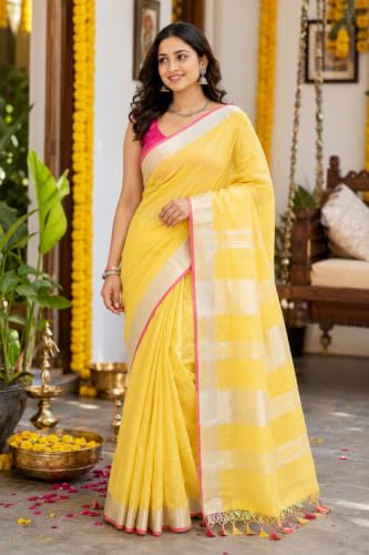 Image of HAIDER ALI AND SONS Grey Cotton Linen Saree for Women | Soft Linen Slub Blend Saree with Running Blouse Piece | Lightweight Handloom Style Saree | Office, Casual, Party & Festival Wear 