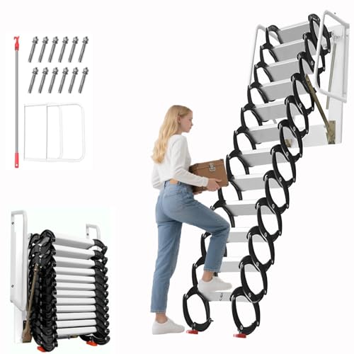 12Ft Attic Ladder Pull Down System, 12 Step Aluminum Alloy Attic Stairs, 2500LBS Load Capacity, Attic Ladder Retractable, Wall-Mounted with Pull Rod, Attics, Garages & Basements (15.8