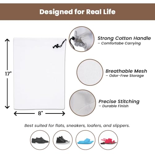 Image of LFH Cotton Rich Shoe Storage Bags with Drawstring, Dustproof Breathable Reusable Organizer, Perfect For Travel, Dorm, Hotel, College, Gym, Easy to Carry, Machine Washable 8 inchx17 inch (Pack of 4) - White