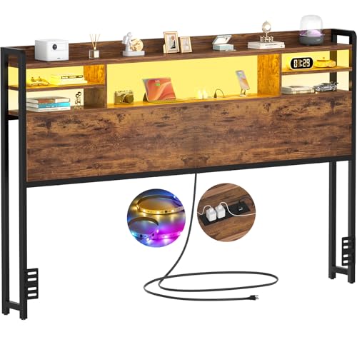 Image of Aheaplus Headboard for Queen Size Bedwith Storage and Outlets, Rustic Brown | Headboards with LED Light, Power Outlets, USB Ports Queen Size Head Board, Wood headboard Only Sturdy and Stable Headboards
