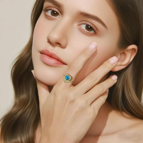 PCY 14K Gold Plated Rings,Ocean Heart Gold Rings for Women,Blue Diamond with Gold Rings,Blue Heart Promise Eternity Rings for Women to Wear Daily.3