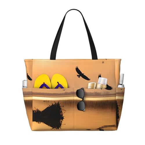 (Oil Painting Duck) Large Beach Tote Bag For Women With Zipper Foldable Lightweight Travel Pool Bag For Vacation Shopping