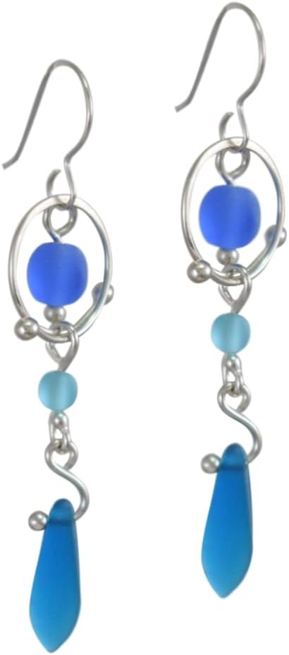 American Made Recycled Glass and Sterling Silver Bubble Dot Earrings, 2", Shades of Blue
