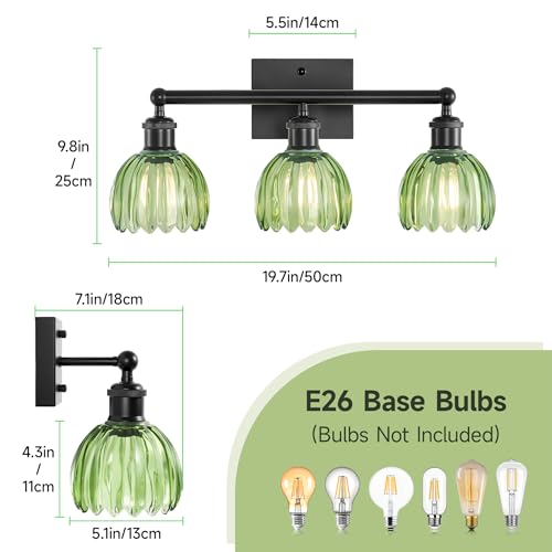 Image of Bathroom Lighting Fixtures Over Mirror,3 Light Vintage Vanity Light,20 in Antique Black Bathroom Sconce with Green Tulip Glass Shade for Bedroom Living Room,Dressing Table,Hallway,E26 Base