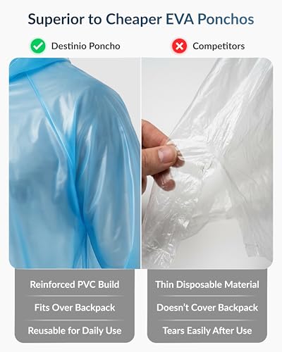 Image of Destinio Poncho for Men, Poncho for Women-Thick Waterproof PVC, Rain Coat, Reusable - Transparent Pocket Raincoat with Hood, Full Cover for Bag in Travel, Trekking, Bike Riders