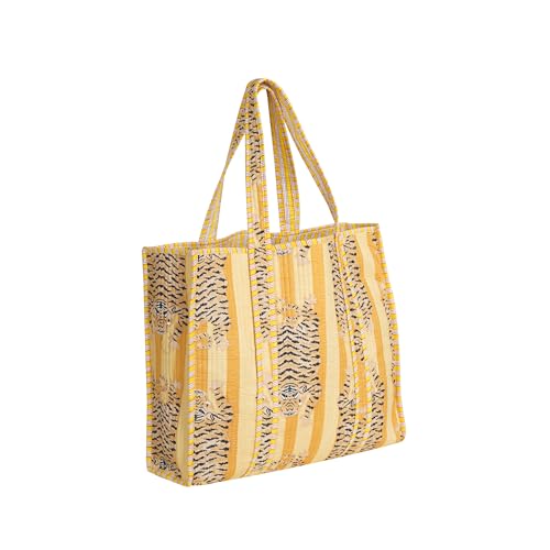 Image of Cotton Tiger Block Print Tote Bag, Indian Handmade Shopping Shoulder Bag, Unisex Market Daily Use