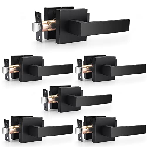 Probrico Matte Black Passage Door Levers Square Hall Closet Handles Heavy Duty Interior Non-Locking Lever Sets Reversible for Right & Left Side 6 Pack