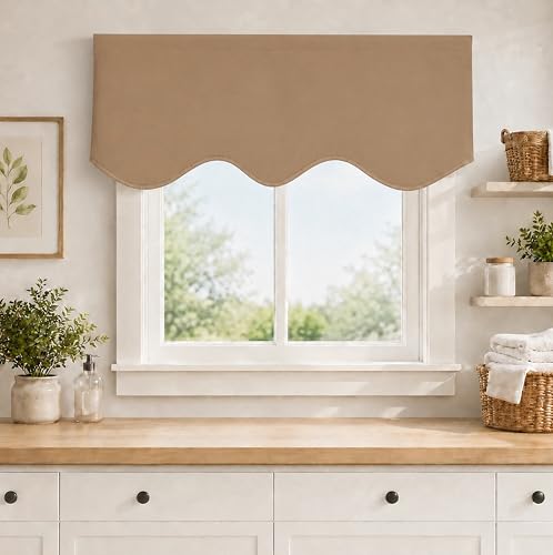 Aquazolax Short Valances for Windows Rod Pocket Blackout Scalloped Valance Solid Decorative Curtain...