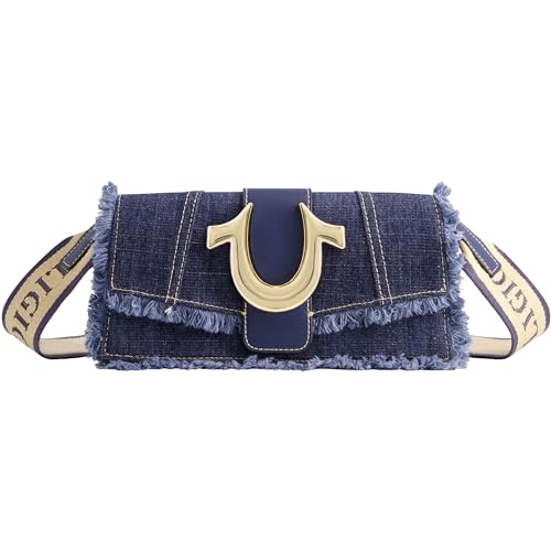 True Religion Women's Shoulder Bag Purse, Frayed Denim Mini Flap Crossbody Handbag with Horseshoe Logo, Denim