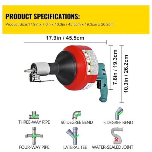 Desatascador Manual de tuberías de 220 V - Máquina de Limpieza de desagües para fregaderos de Cocina e inodoros, Limpiador de desagües eléctrico portátil de 8 m