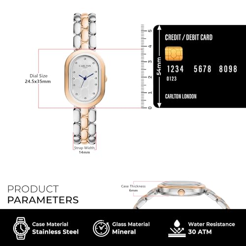 Image of Carlton London Women Cecil Analog Watch, Oval Dial, Stainless Steel Strap, Quartz Movement, 30M Water Resistant, Casual Wear