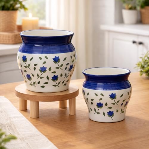 Image of Niyara Blue Leaf Print Ceramic Planter Pot | Decorative Indoor & Outdoor Plant Pot for Home & Office Decor (Set of 2)