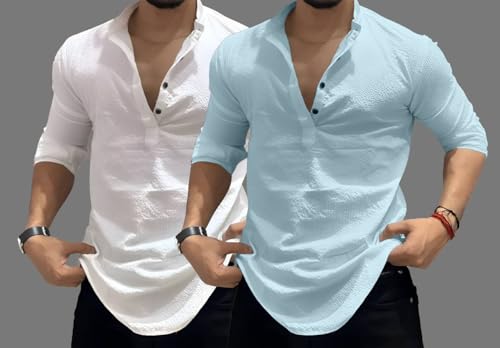 Image of MiraMichi Men's Cotton Blend Kurta | Kurta for Men Stylish Casual Short Kurta | Half Kurta Shirt Daily Use for Summer Season | Mandarin Collar Cotton Kurta's for Man Comfort