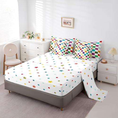 Image of Feelyou Colorful Checkered Retro 7 Piece Bedding Set Kids Boys Girls Modern Geometric Cute Comforter Set with Sheets Twin Size Beige Colorful Bed in a Bag Vintage Simple Groovy Aesthetic Room Decor