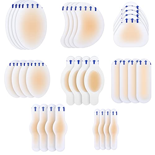 32 Pieces Gel Blister Cushions Blister Gel Guard Pads Heel Blister Patches Waterproof Hydrocolloid Bandages Adhesive Foot Blister Pads for Fingers, Toes, Forefoot, Heel