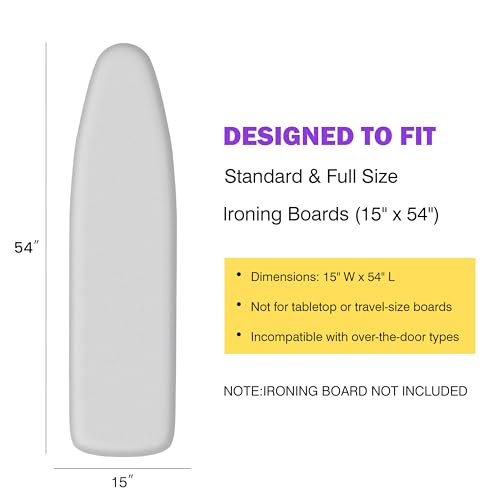 Image of Ironing Board Cover and Pad 15x54 Standard Size,Extra Thick Cotton Iron Board Cover with Padding, Silicone Coated Scorch Resistant, Elastic Edge with Hook & Loop Strap, Heatproof Silver