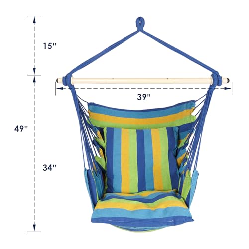 Image of Highwild Hammock Chair Hanging Rope Swing - Max 500 Lbs - 2 Cushions Included - Steel Spreader Bar with Anti-Slip Rings - for Any Indoor or Outdoor Spaces (Blue Striped)