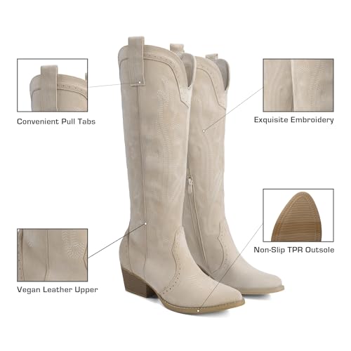 DREAM PAIRS Womens Cowboy Knee High Boots Comfortable Pull On Side Zipper Chunky Heel Embroidered Western Cowgirl Boots Retro Tall Boot,Size 8,Beige,DWUMKB2501