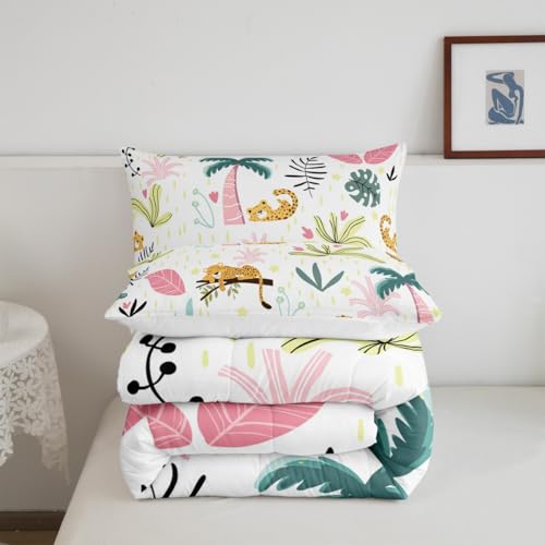 Image of Feelyou Leopard Comforter Set Toddler Size Kids Toddler, Cute Leopard Comforter Set Toddler Size Cartoon Cheetah Print Comforter Tropical Plants Duvet Set Durable Quilt Set