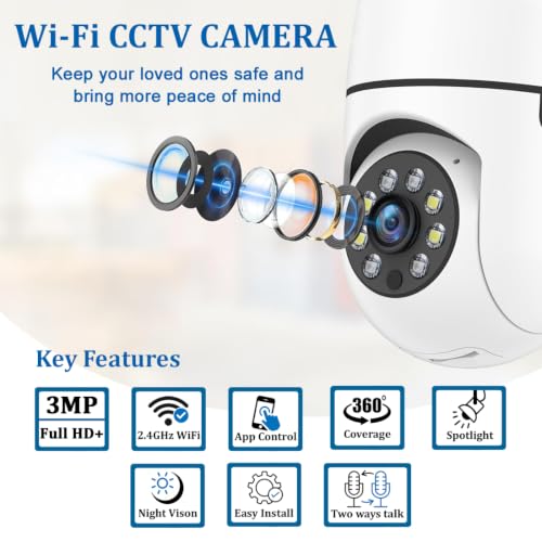 Image of IFITech 1296p (3MP) Full HD Smart Wi-Fi CCTV Home Security Camera | 360 with Pan Tilt Bulb Camera | View & Talk | 256GB SD Card Support (Not Included) | Perfect for Home, Office Monitoring