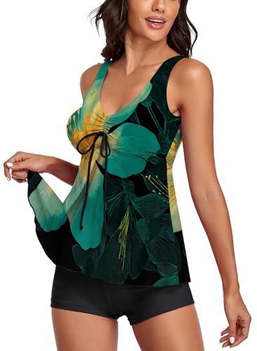 Image of Modest Tankini Swimsuits for Women Two Piece Bathing Suits Floral Print Tank Top with Boyshorts Tummy Control Swimming Suits
