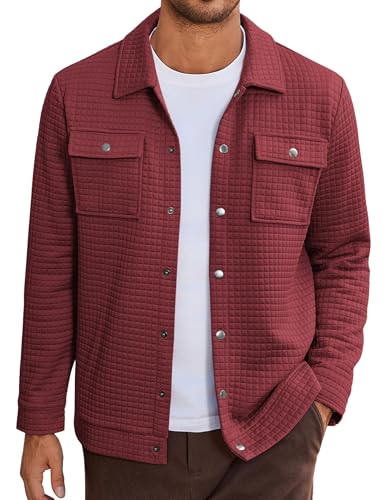 COOFANDY Waffle Knit Jacket Men Long Sleeve Shirt Jackets With Pockets Lightweight Quilted Shacket Stylish Outwear Red L