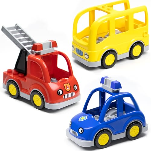 Mirthben 3 Stück Fahrzeug Bausteine Set, Große Bausteine Zubehör mit Feuerwehrauto, Polizeiauto, Schulbus, Kompatibel mit DUPLO Steinen, Großbausteine Spielzeug für Kinder ab 3 Jahren