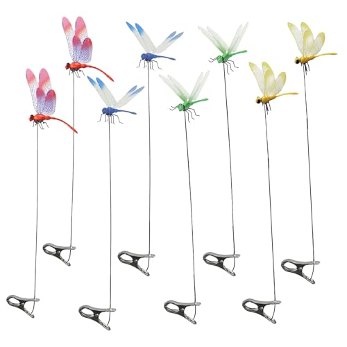 TICFICK 8Pcs Dragonfly Clips, Dragon Fly Clips to Keep Bugs Away, 3D Simulation Fake Dragonfly Decor with Clip, Plastic Dragonfly Garden Hummingbird Stakes with Sticks for Indoor Outdoor