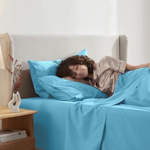 Image of Nestl California King Bed Sheet Set - Bright Blue - 4-Piece Deep Pocket | Instantly Soft, Night-One Ready (No Wash Required). Fits 16-Inch Deep Pockets, 360-Degree Elastic Grip